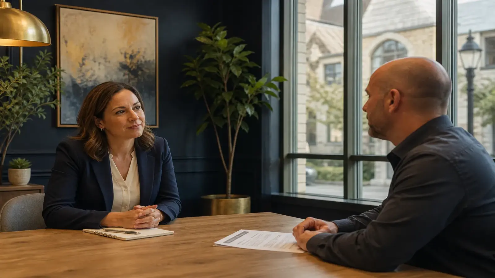 Recruiter and candidate talking across an office table