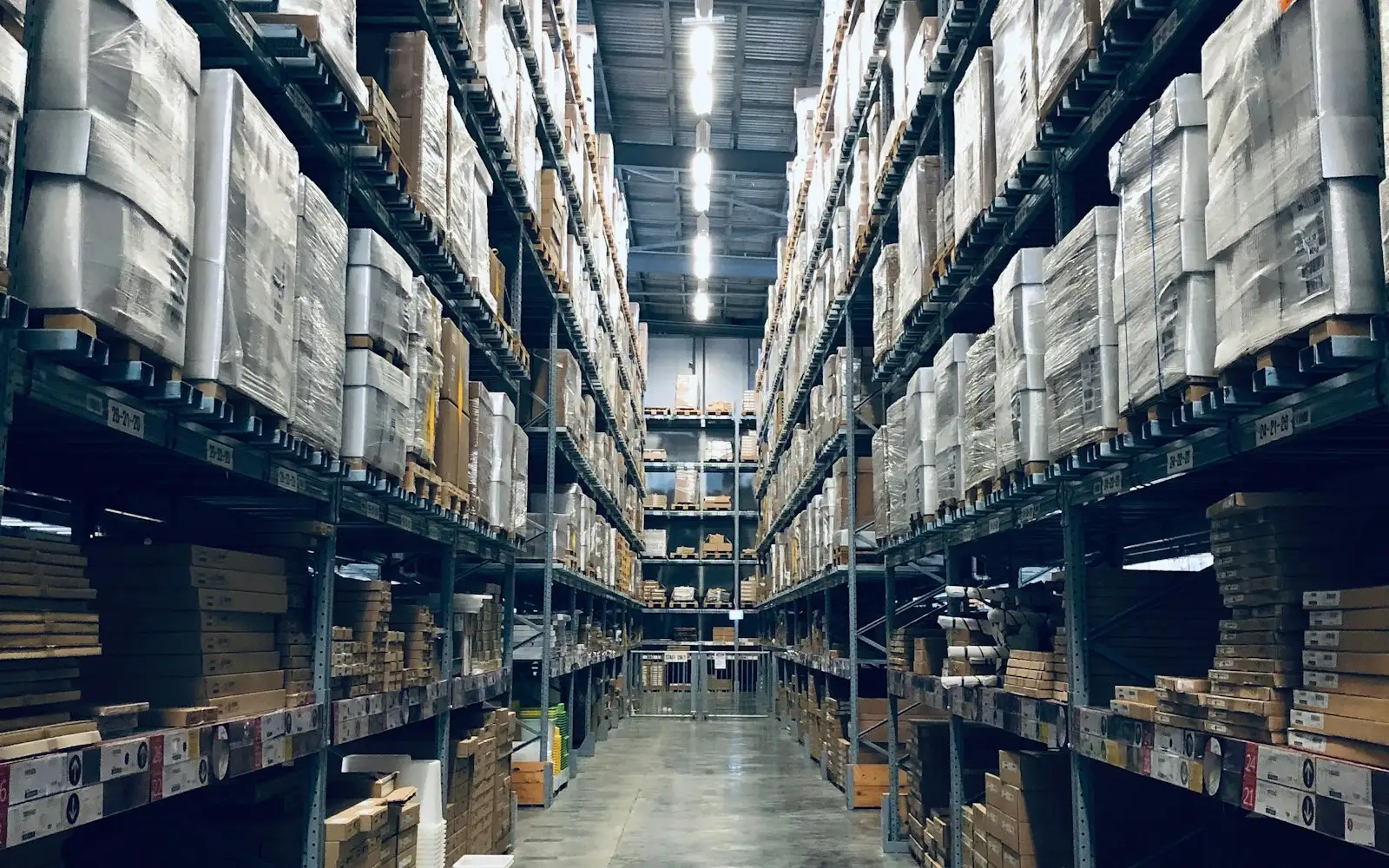 Pallet racks in a distribution warehouse