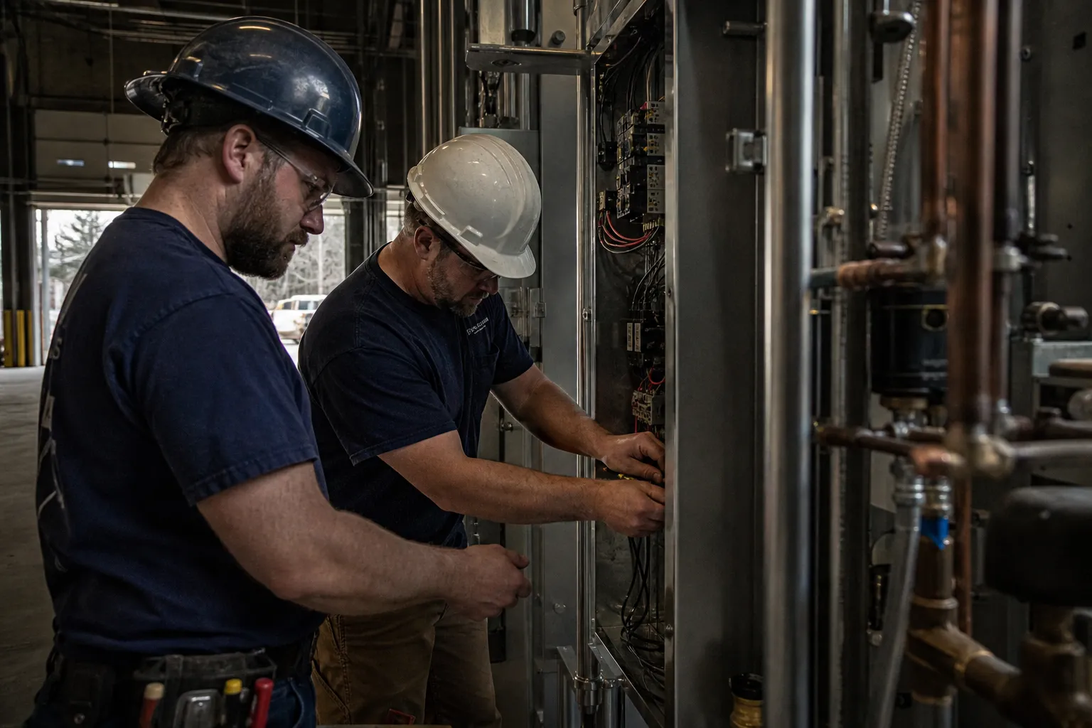 Electricians working a commercial control panel on a jobsite
