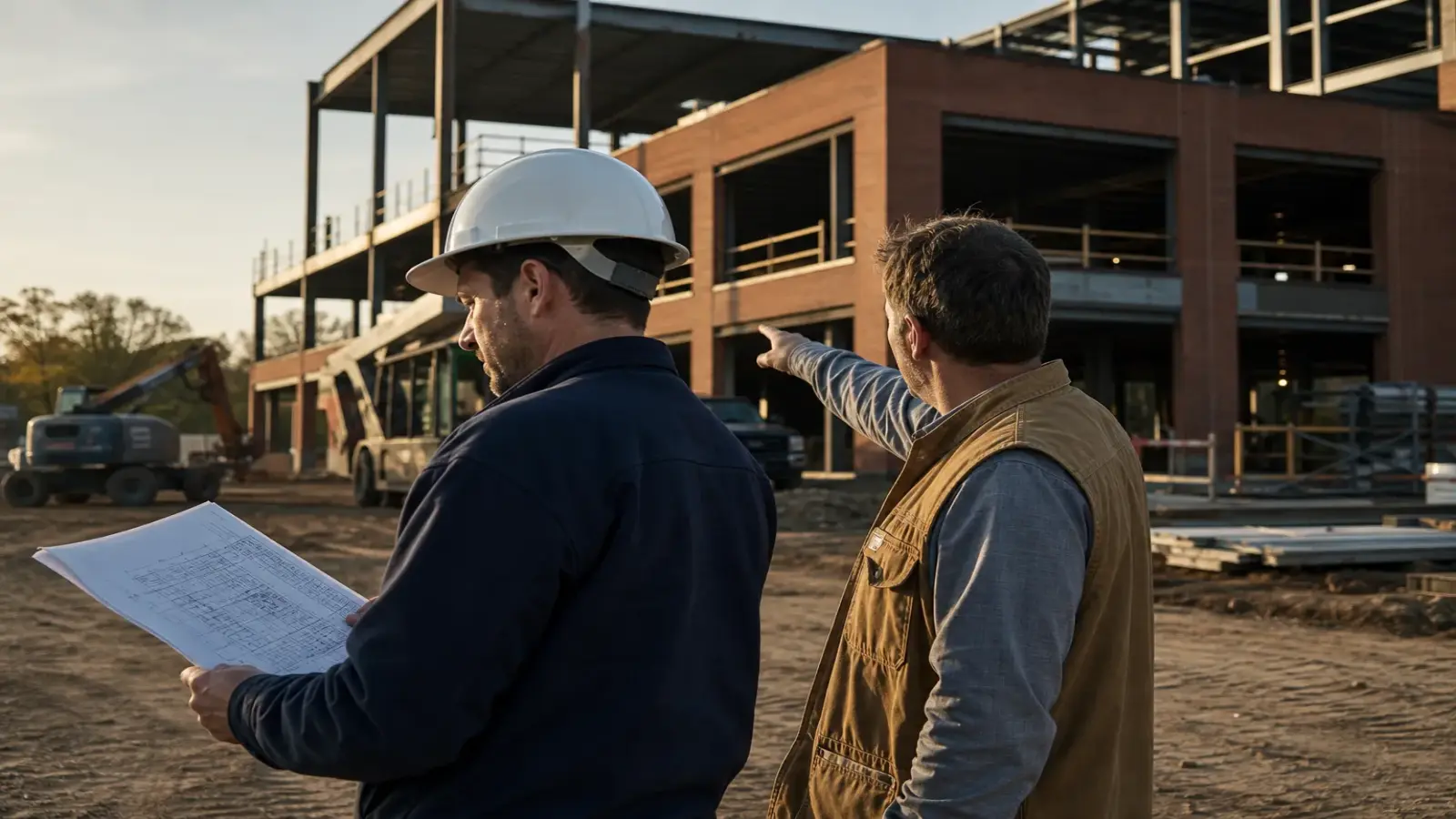 Two hiring leads reviewing plans on a construction site